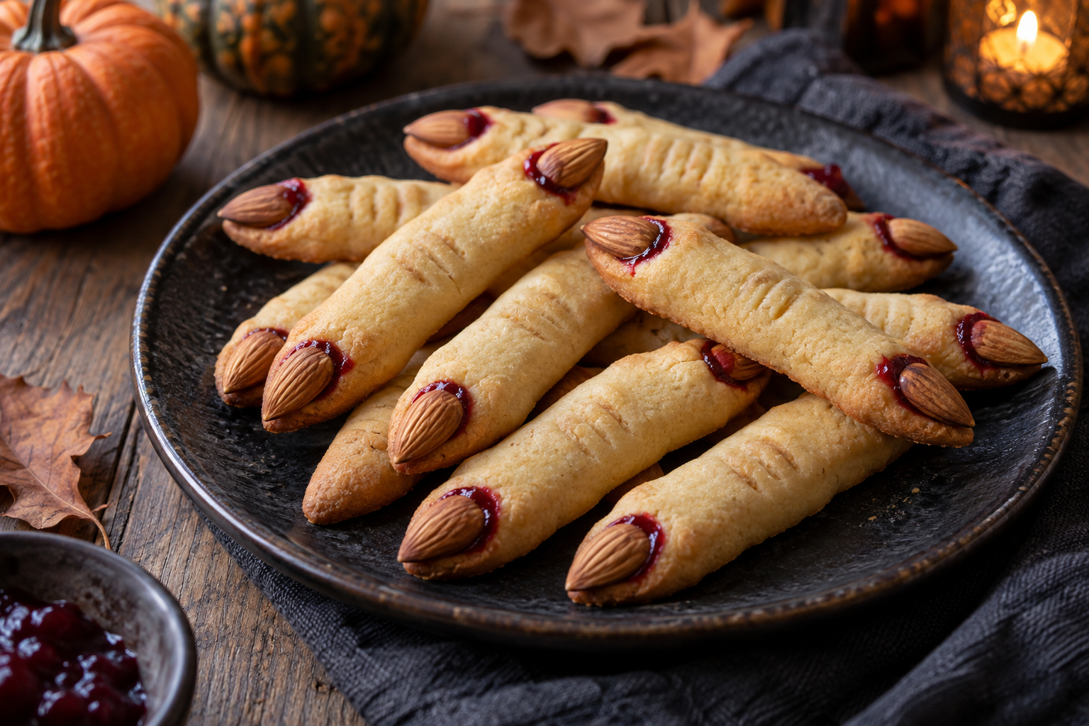Biscuits sablés dorés en forme de doigts de sorcière avec des ongles en amande
