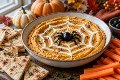 Houmous orange au potimarron avec une toile de yaourt et une araignée en olive noire