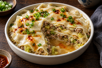 Lasagne façon dumplings cuite à la vapeur, couches de wonton et de porc au chou, garnie de ciboule