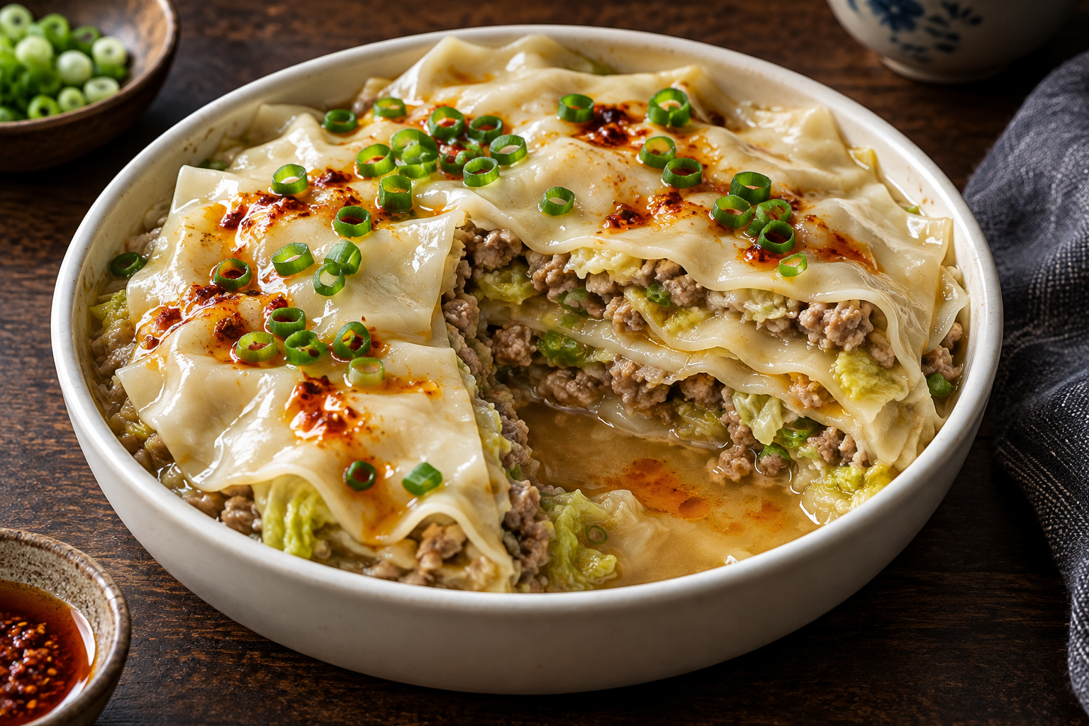 Lasagne façon dumplings cuite à la vapeur, couches de wonton et de porc au chou, garnie de ciboule