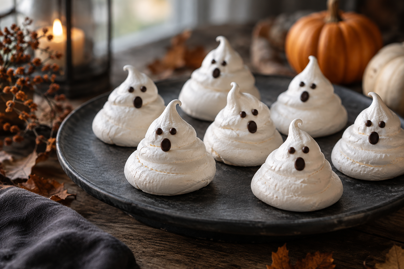 Petites meringues blanches en forme de fantômes avec des yeux en chocolat noir