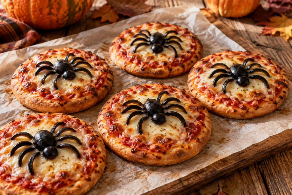 Mini-pizzas dorées décorées d’araignées comestibles en olives noires