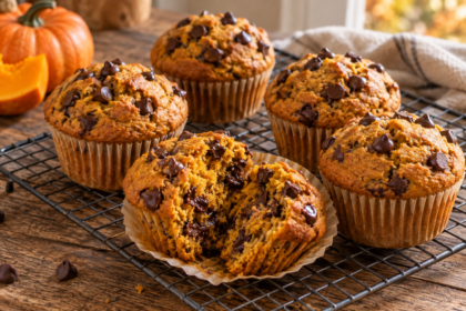 Muffins dorés à la courge et aux pépites de chocolat, dont un ouvert sur sa mie moelleuse