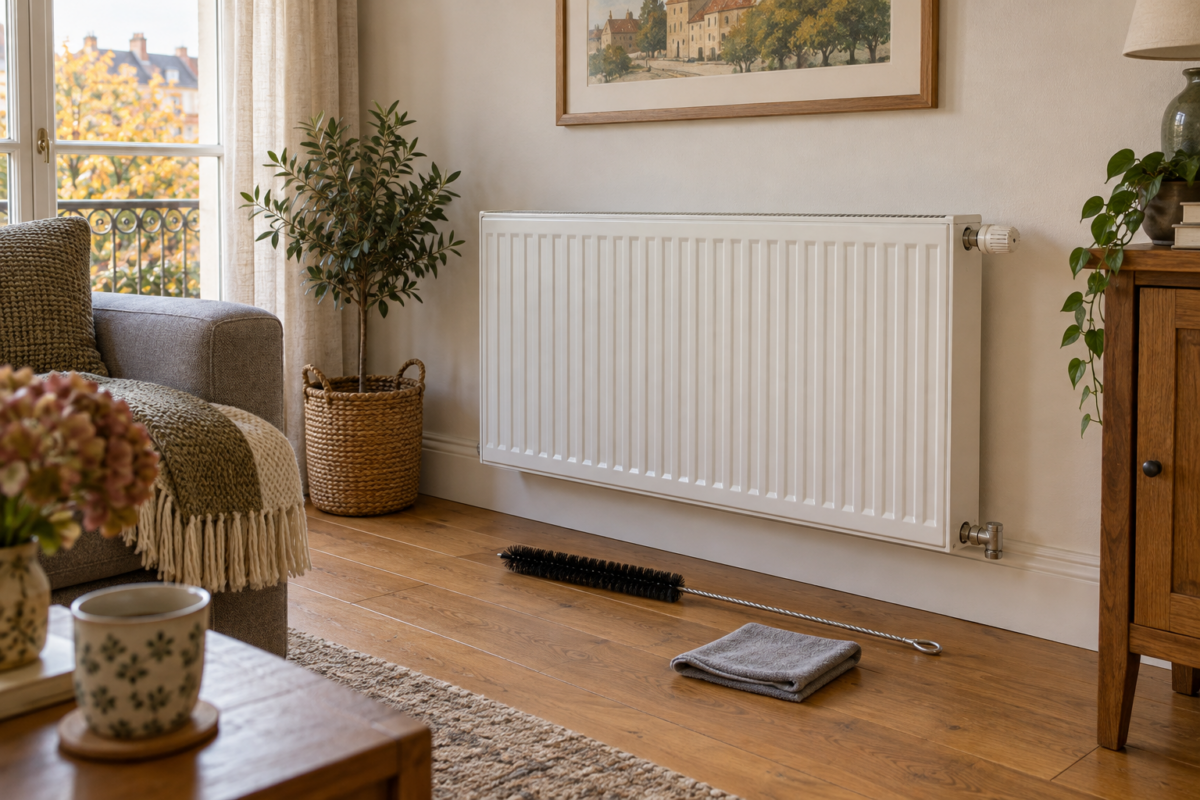 Radiateur propre avec une brosse fine et un chiffon pour le dépoussiérage
