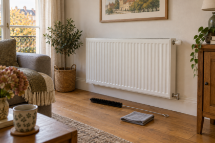 Radiateur propre avec une brosse fine et un chiffon pour le dépoussiérage