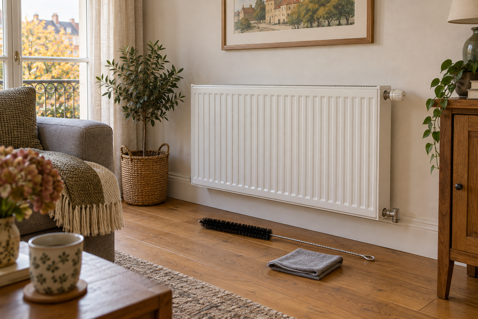 Radiateur propre avec une brosse fine et un chiffon pour le dépoussiérage