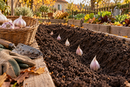 Caïeux d’ail disposés dans un sillon avant d’être recouverts de terre au potager en automne