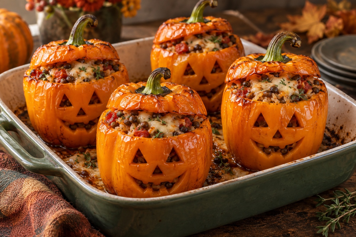 Poivrons orange farcis au riz et aux lentilles, découpés en visages de citrouilles pour Halloween