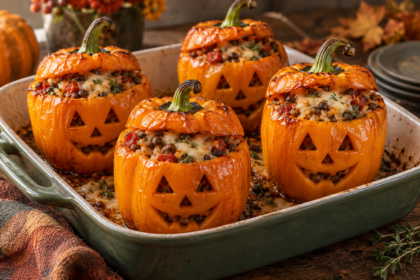 Poivrons orange farcis au riz et aux lentilles, découpés en visages de citrouilles pour Halloween