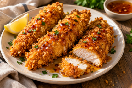 Poulet croustillant doré au four, nappé de miel pimenté et accompagné de citron