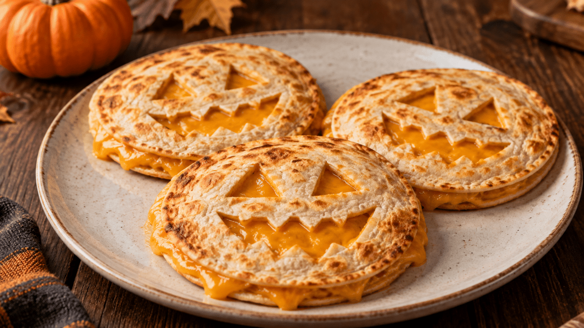 Quesadillas dorées avec des visages de citrouille laissant apparaître le cheddar — illustration générée par IA
