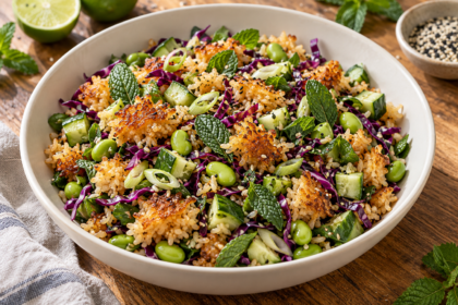 Salade de riz doré croustillant, concombre, edamames, chou rouge et menthe