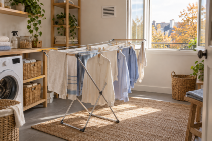 Linge espacé sur un étendoir dans une pièce lumineuse avec une fenêtre ouverte