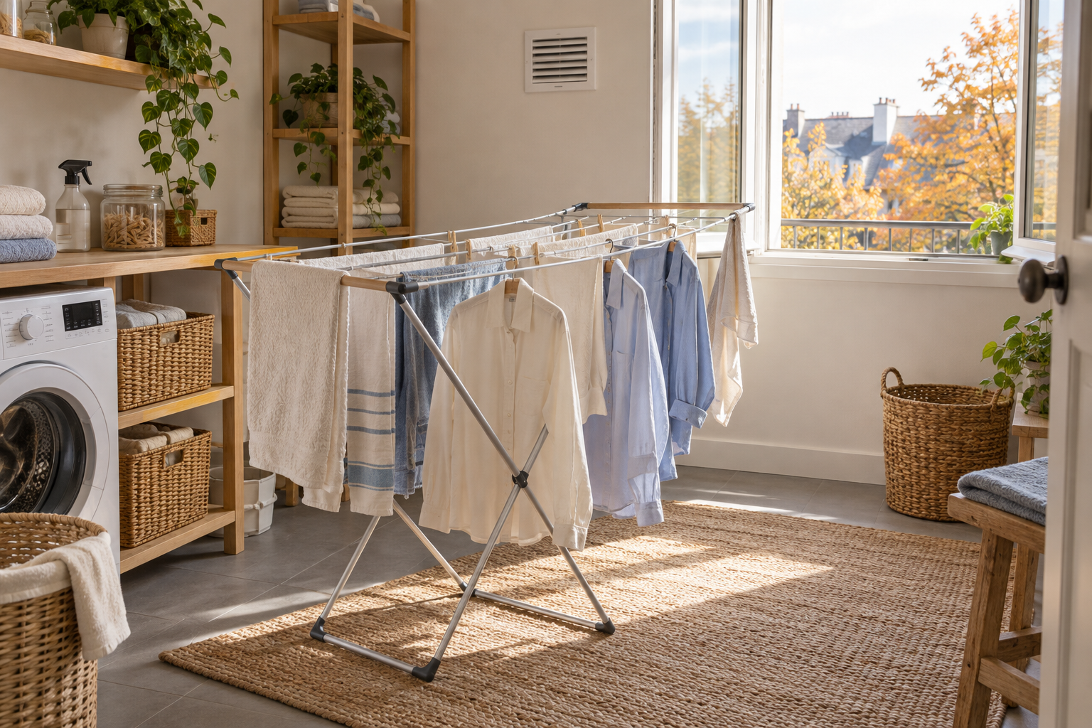 Linge espacé sur un étendoir dans une pièce lumineuse avec une fenêtre ouverte