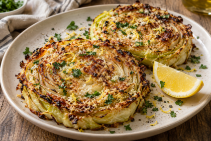 Steaks de chou blanc rôti, dorés au parmesan et garnis de persil avec un quartier de citron