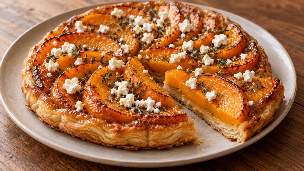 Tatin de butternut rôtie, feta émiettée et thym sur une pâte feuilletée — illustration générée par IA
